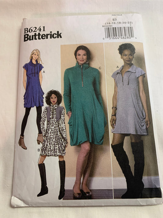 Butterick Sewing Pattern B6241 Misses' Dress, 2 Lengths, Collar, Pullover Zipper Front, Pockets, Size 14-22, Cut, 2015