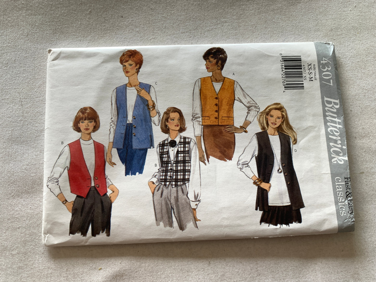Butterick Sewing Pattern 4307, Misses' Tops, Vests, Semi-Fitted, Sleeveless, Lined, Size 6-14, Uncut, Vintage 1995