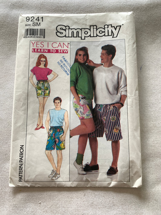 Simplicity Sewing Pattern 9241 Men's/Misses'/Teens' Surfer Shorts, Elastic Waist, Pockets, Size 28-30, Uncut, Vintage 1989
