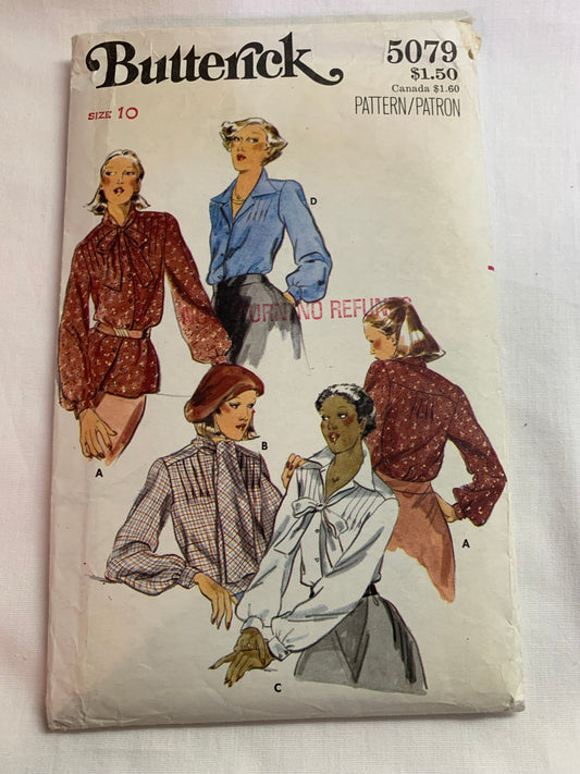 Butterick Sewing Pattern 5079 Misses' Blouses, Shirts, Button Front, 4 Variations, Long Sleeves, Collar, Tie, Semi-Fitted, Size 10, Cut, Vintage 1997
