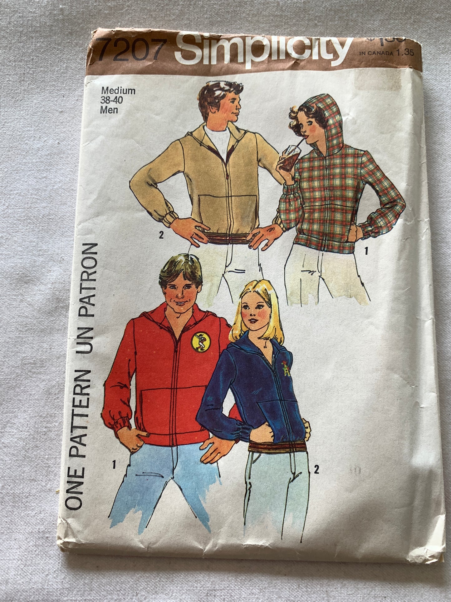 Simplicity Sewing Pattern 7207 Misses'/Men's Hooded Sweatshirt, Zipper Front, Pockets, Size 38-40, Uncut, Vintage 1975
