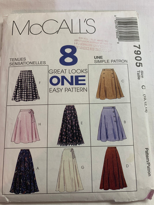 McCall's Sewing Pattern 7905 Misses' Skirt, Two Lengths, 8 Variations, Wrap Skirt, Side Closure, Size 10-14, Cut, Vintage 1996