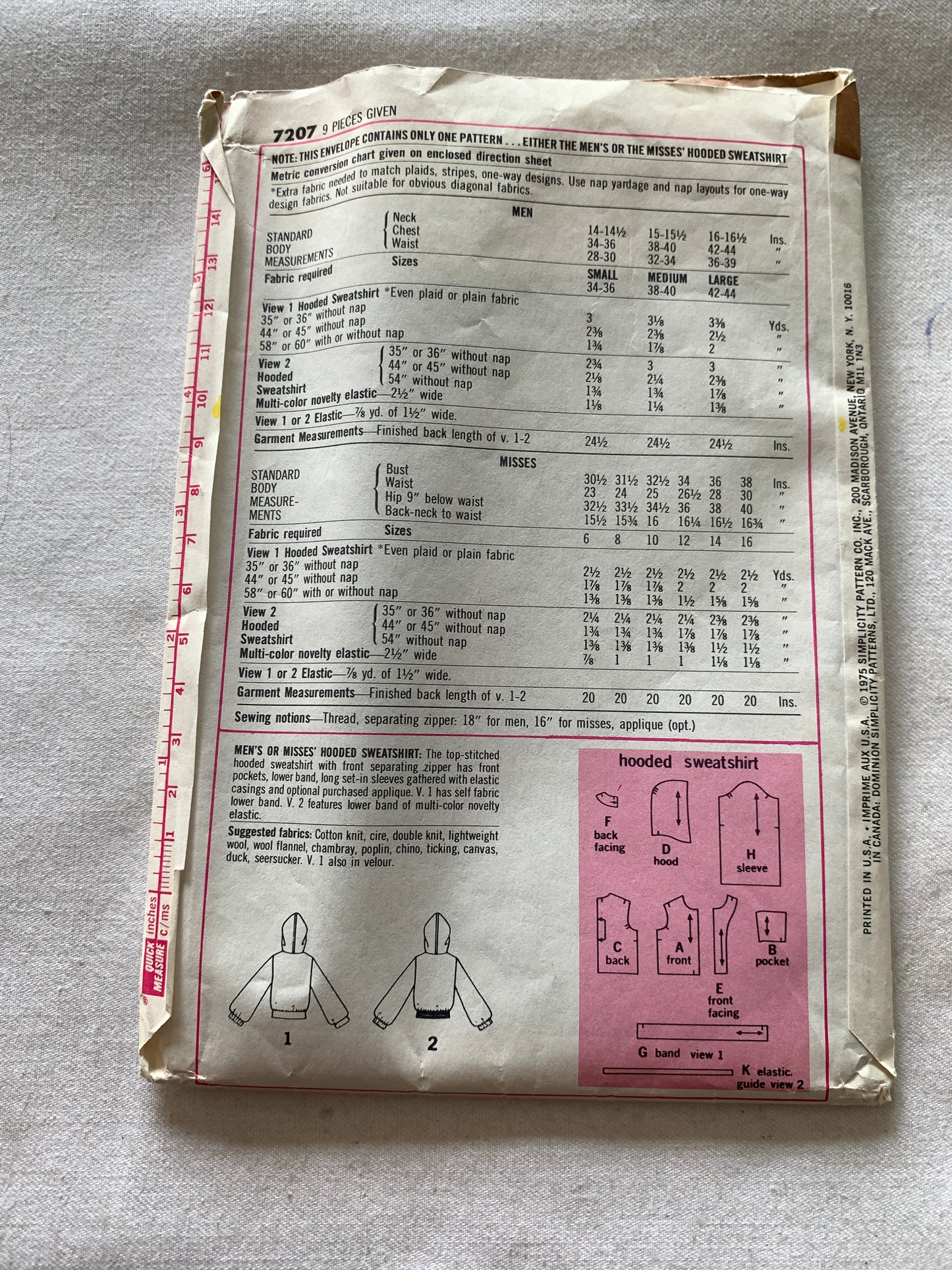 Simplicity Sewing Pattern 7207 Misses'/Men's Hooded Sweatshirt, Zipper Front, Pockets, Size 38-40, Uncut, Vintage 1975