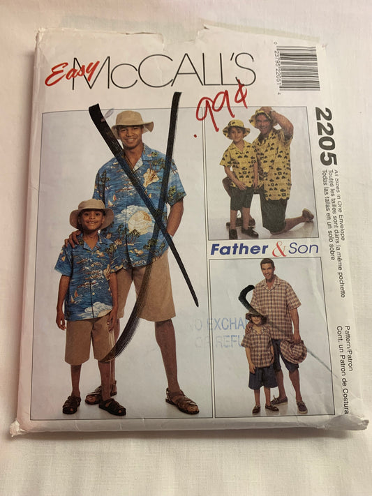 McCall's Sewing Pattern 2205 Boys/Men's Shirt, Pull-On Shorts, Hat, short Sleeves, Elastic Waist, Pockets, Boy's Size 3-8, Men's Size 34-52, Cut, Vintage 1998