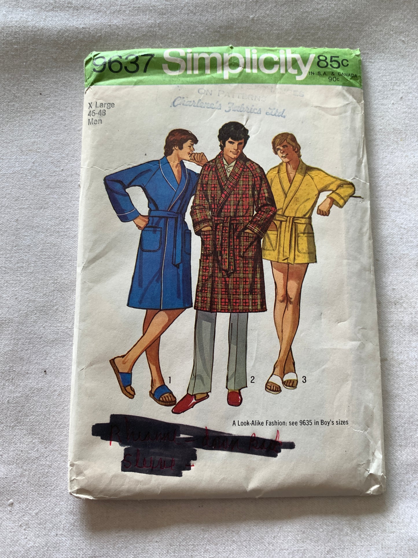 Simplicity Sewing Pattern 9637 Men's Robe, Two Lengths, Long Sleeves, Tie Belt, Size 46-48, Uncut, Vintage 1971