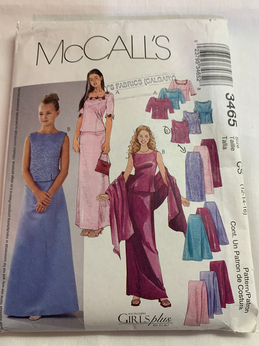 McCall's Sewing Pattern 3465 Children's/Girls' Top, Skirt, Stole, Princess Seams, Zipper Back, Sleeveless, Short Sleeves, Plus Size 12-16, Uncut, 2001