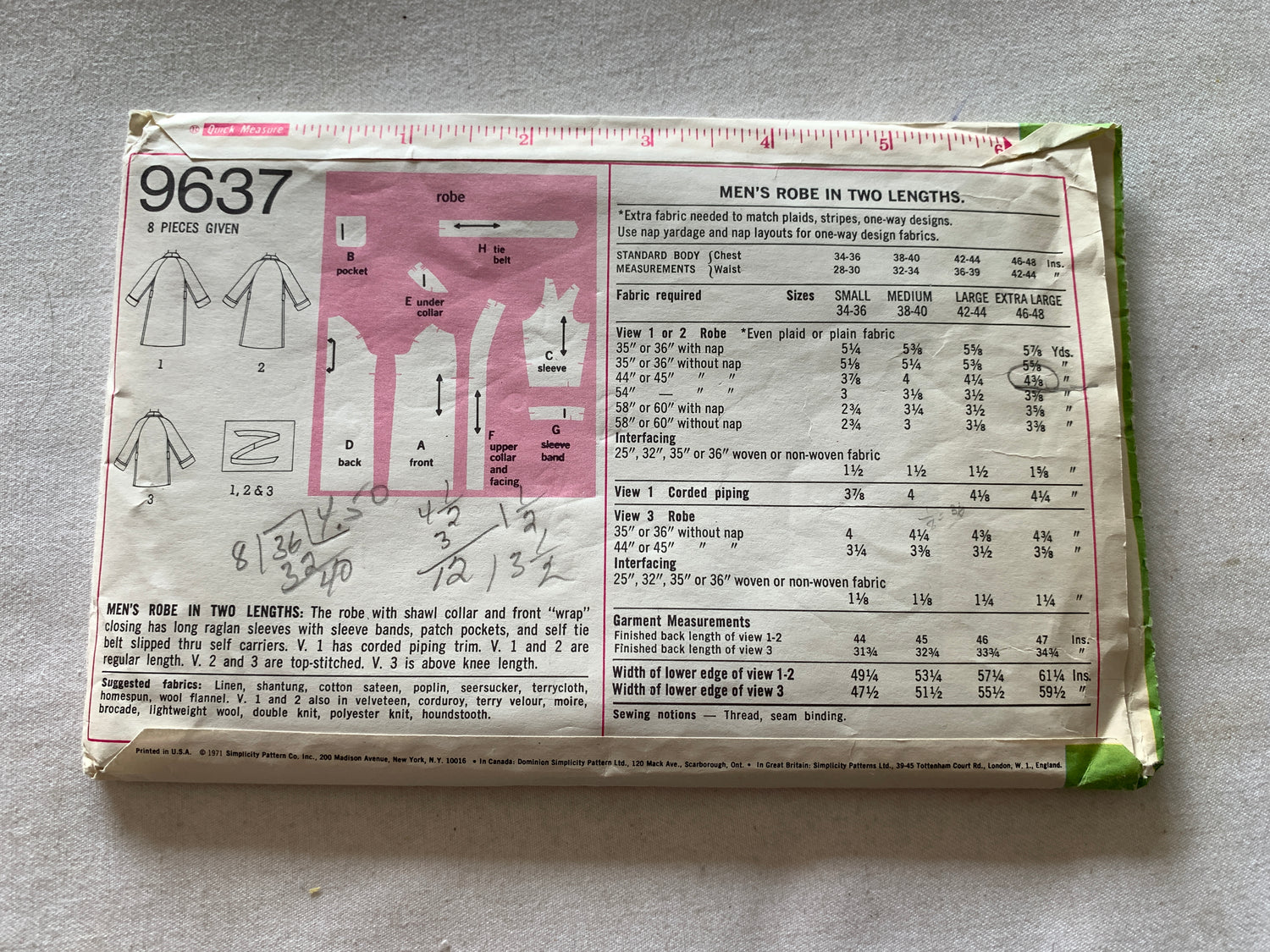 Simplicity Sewing Pattern 9637 Men's Robe, Two Lengths, Long Sleeves, Tie Belt, Size 46-48, Uncut, Vintage 1971