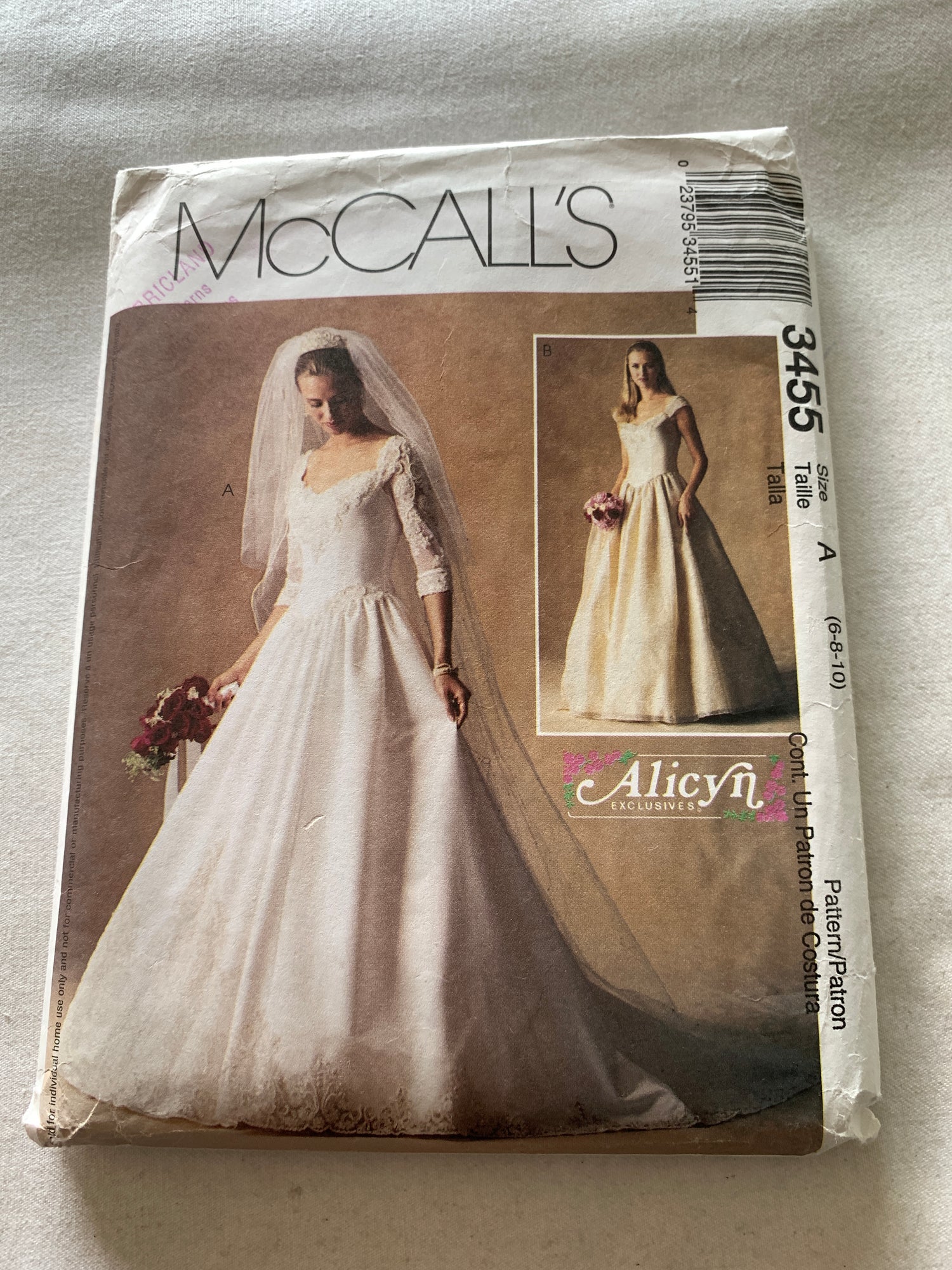 McCall's Alicyn Sewing Pattern 3455 Misses/Miss Petite Lined Wedding Dresses, Bride, Long/Short Sleeves, Zipper, Ruffle, Size 6-10, Uncut, 2001