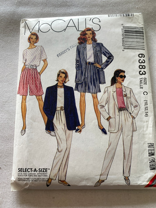 McCall's Sewing Pattern 6383 Misses' Unlined Jacket, Top, Pants, Shorts, Size 10-14, Uncut, Vintage 1993
