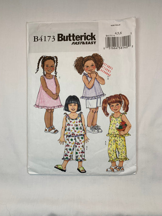 Butterick Sewing Pattern B4173 Girls' Top, Dress, Shorts, Pants, Shirt, Size 4-5, Uncut, 2004