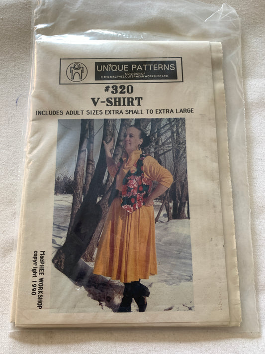 Unique Sewing Pattern 320 Adult V-Shirt Wrap, Macphee Workshop, Loose-Fitting, 3 Variations, Size 32-44, Uncut, Vintage 1990