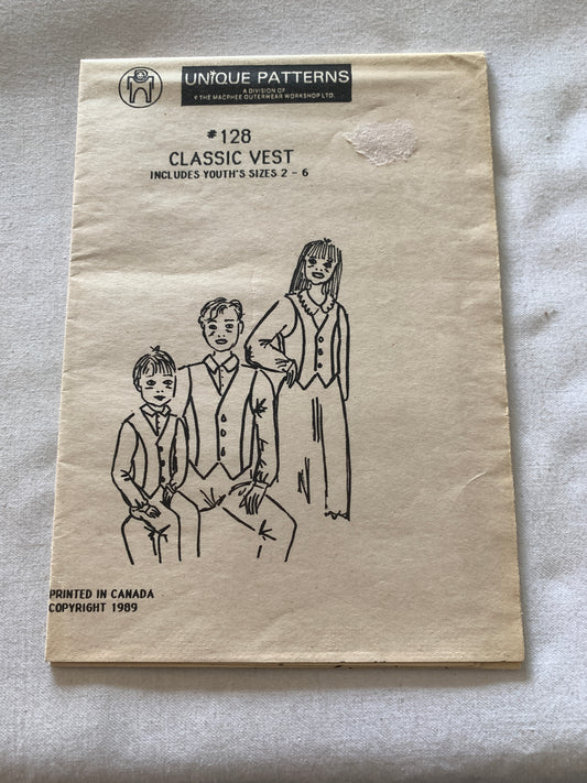 Unique Sewing Pattern 128 Children Classic Vest, Macphee Workshop, Button Front, 3 Variations, Size 2-6,  Uncut, Vintage 1989