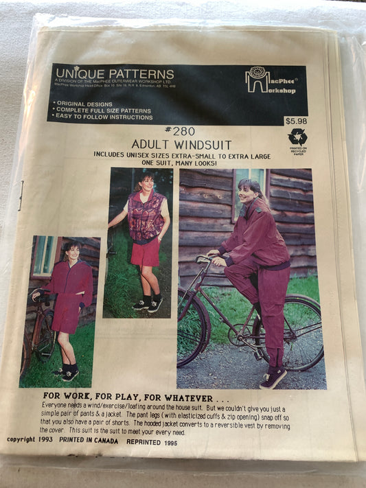 Unique Sewing Patterns 280 Adult Windsuit, Jacket, Pants, Pants, Vest, MacPhee Workshop, Zipper Front, Elastic Waist, Vintage 1993
