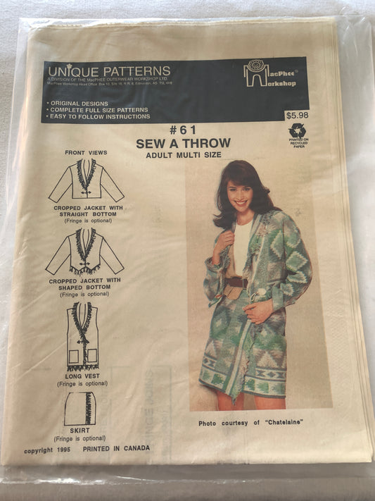 Unique Sewing Patterns 61 Jacket, Vest, Skirt, MacPhee Workshop, Multi-Sized, Uncut Vintage 1995