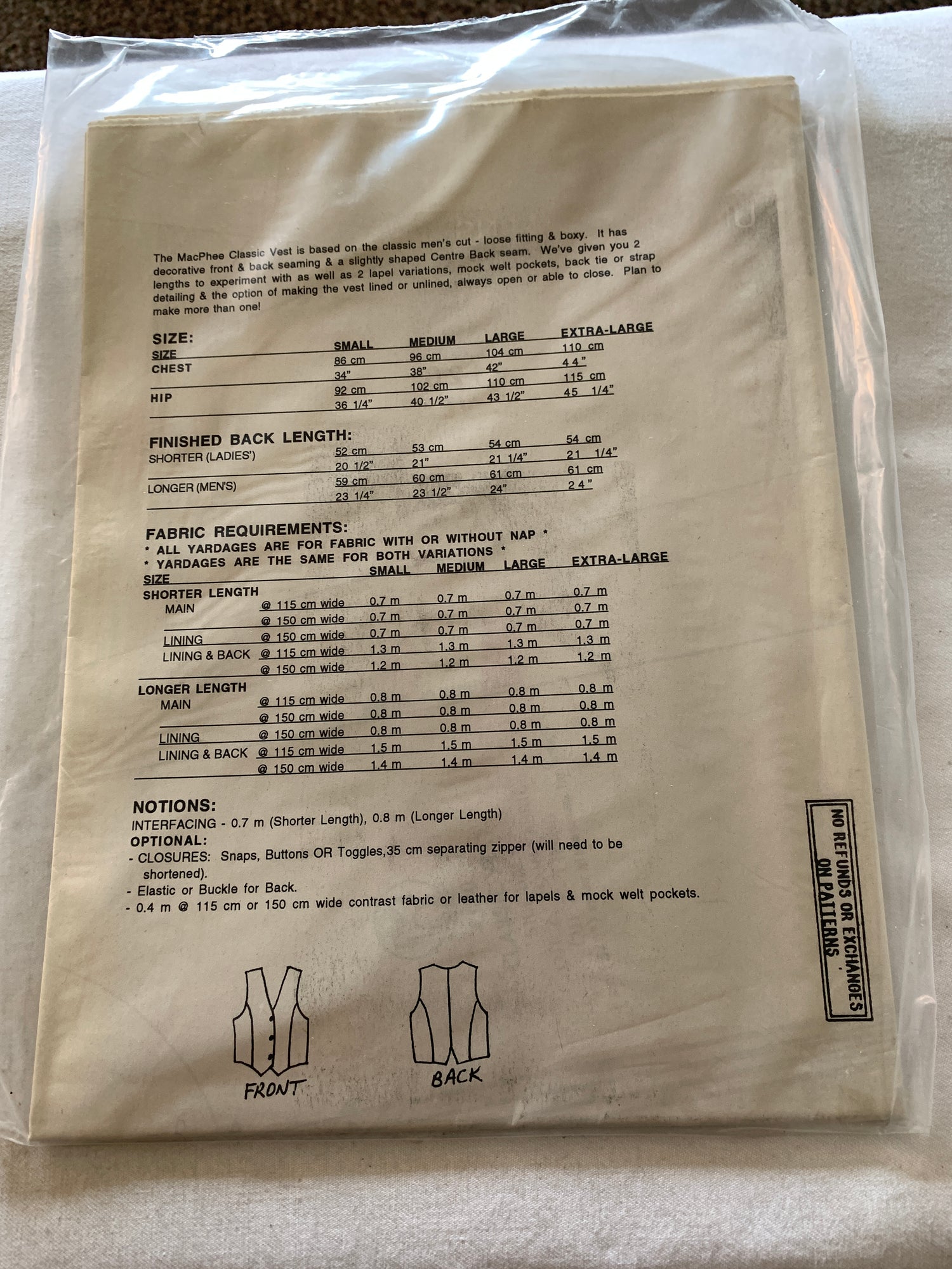 Unique Sewing Patterns 120 Adult Vest, Multi Size,  Pockets, Sleeveless, Button Front, Size 34-44, Uncut, Vintage 1989 