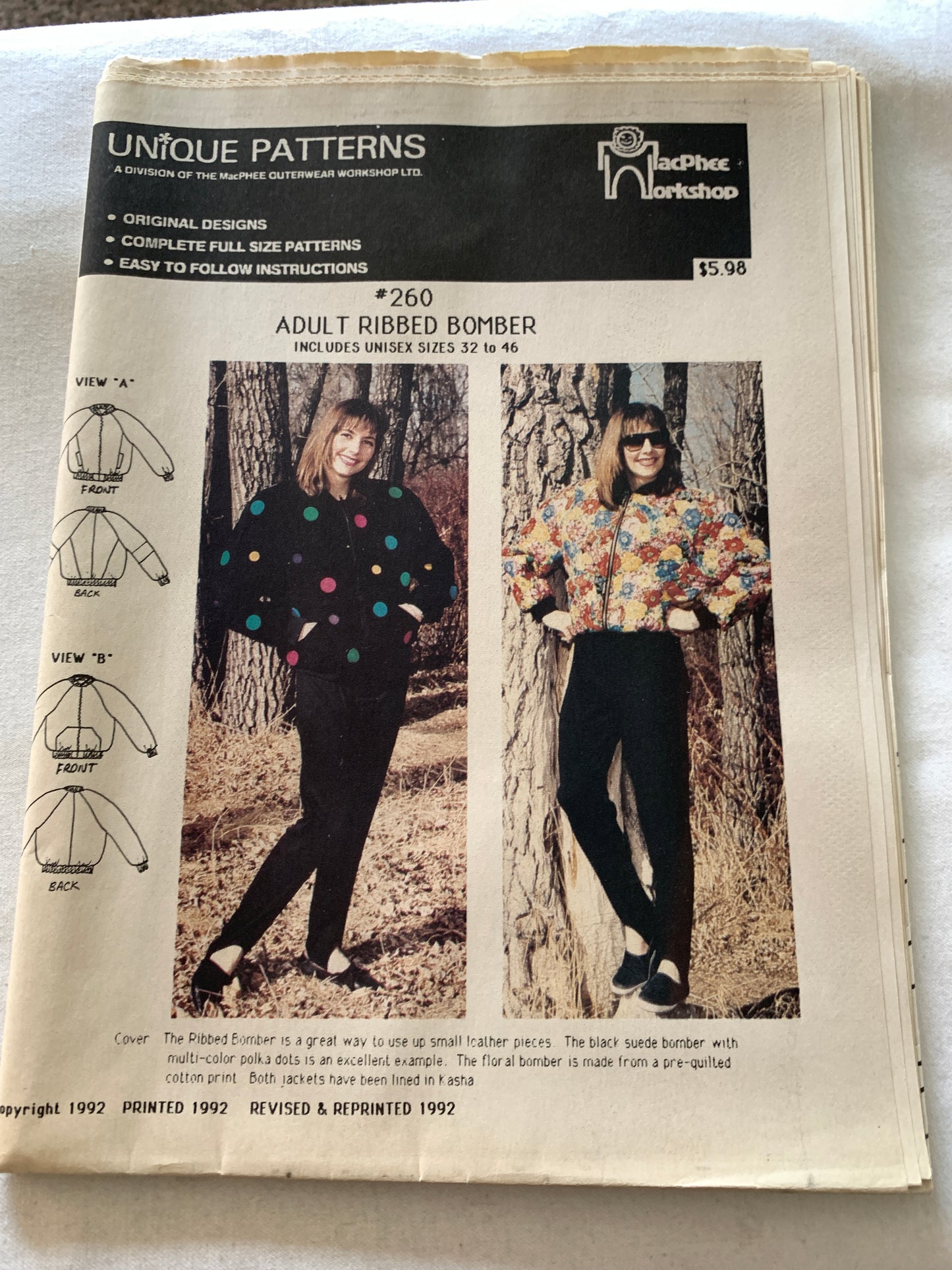 Unique Sewing Patterns 260 Misses' Adult Bomber Jacket, Pockets, Zipper Front, Size XS-XL, Uncut, Vintage 1992