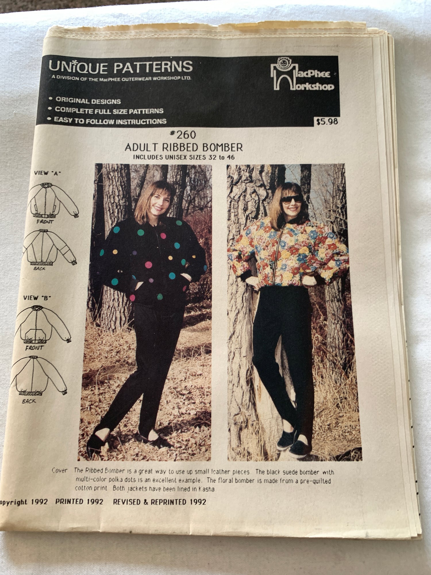 Unique Sewing Patterns 260 Misses' Adult Bomber Jacket, Pockets, Zipper Front, Size XS-XL, Uncut, Vintage 1992