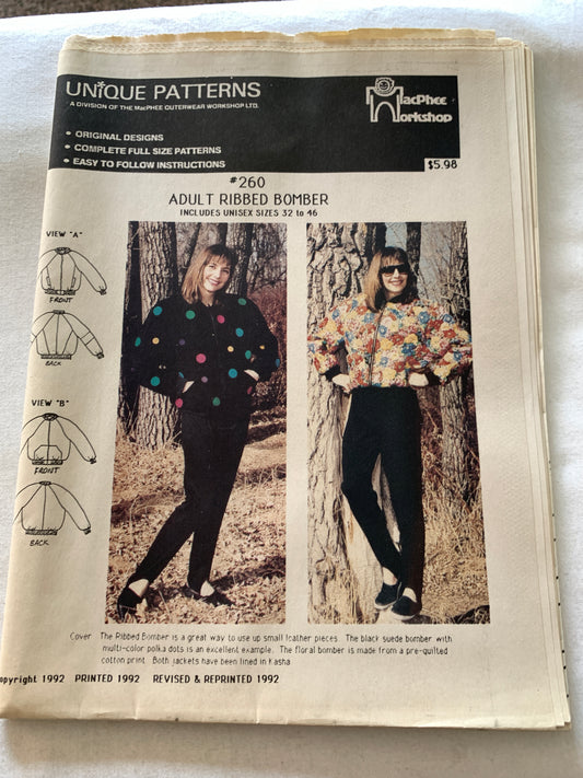 Unique Sewing Patterns 260 Misses' Adult Bomber Jacket, Pockets, Zipper Front, Size XS-XL, Uncut, Vintage 1992