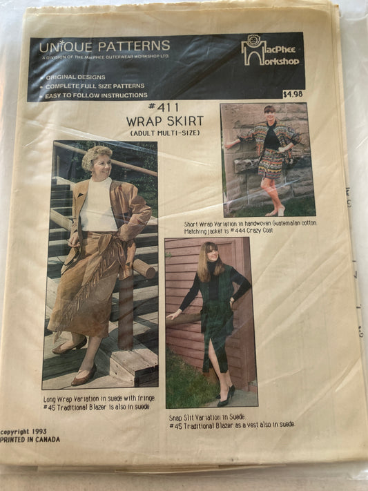 Unique Sewing Patterns 411 Wrap Skirt, MacPhee Workshop, Multi-Sized, 2 Lengths, Uncut Vintage 1993