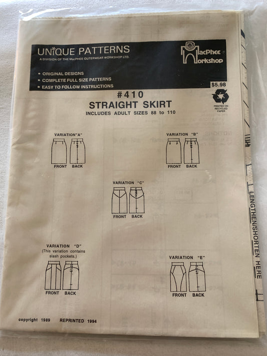 Unique Sewing Patterns 410 Straight Skirt, MacPhee Workshop, Multi-Sized, 5 Variations, Uncut Vintage 1993