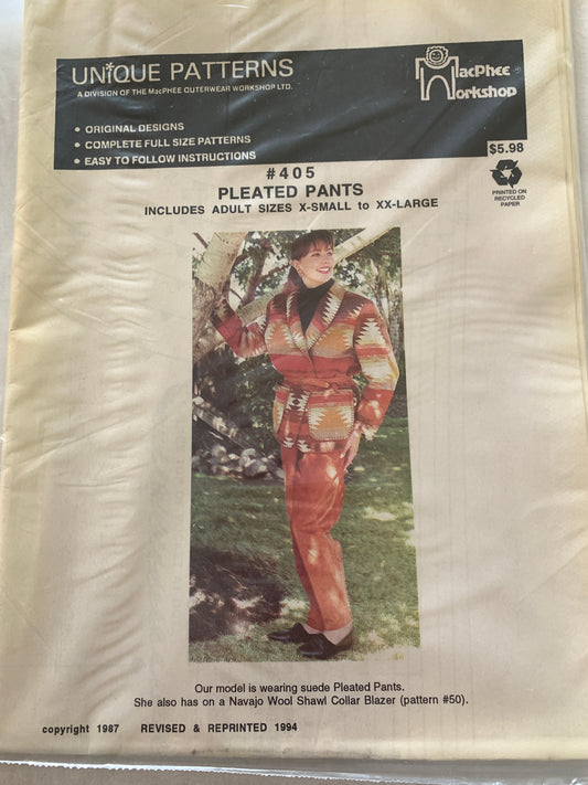 Unique Sewing Patterns 405 Adult  Pleated Pants, MacPhee Workshop, Elastic Waist, 2 Lengths, Vintage 1987