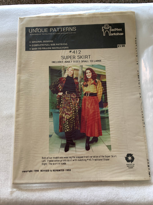 Unique Sewing Patterns 412 Super Skirt, MacPhee Workshop, Multi-Sized, 2 Variations, Uncut Vintage 1993