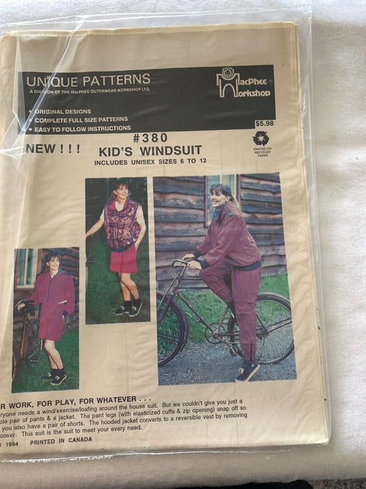 Unique Sewing Patterns 380 Kid's Windsuit, Jacket, Pants, Pants, Vest, MacPhee Workshop, Zipper Front, Elastic Waist, Size 6-12, Vintage 1994