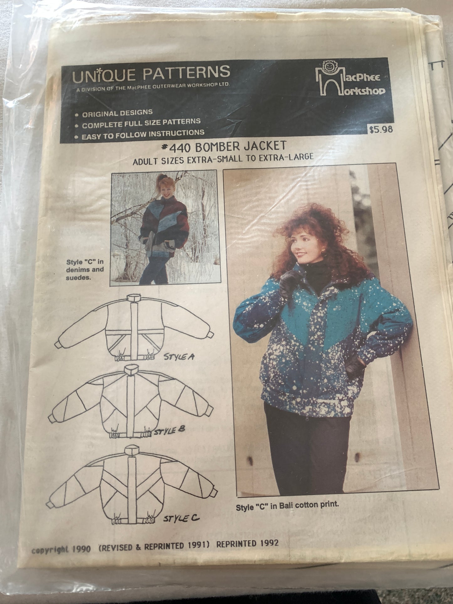 Unique Sewing Patterns 440 Misses' Adult Bomber Jacket, Pockets, Zipper Front, Size 32-46, Uncut, Vintage 1990