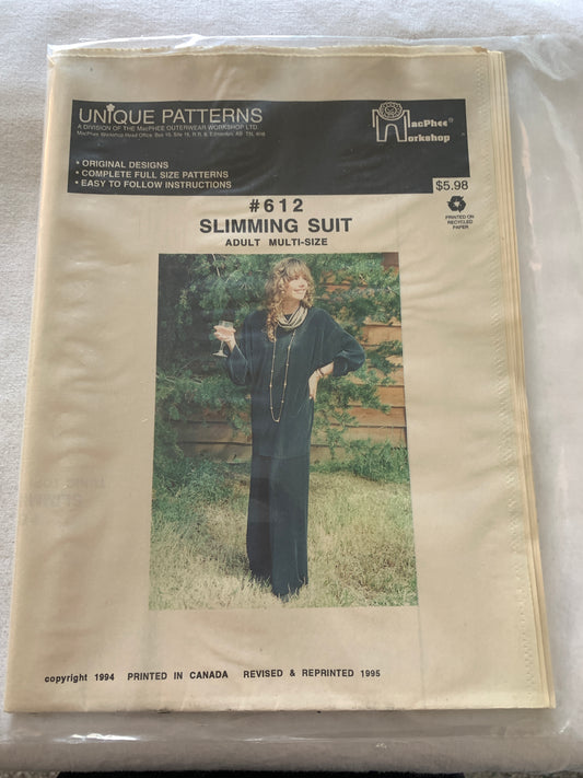 Unique Sewing Patterns 612 Adult Slimming Suit, Pants,Top, MacPhee Workshop, Elastic Waist, Long Sleeves,Vintage 1994