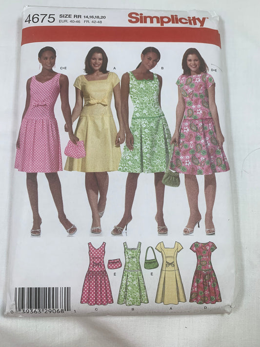 Simplicity Sewing Pattern 4675 Misses'/Misses' Petite Dresses, Bodice, Skirt, Purse, Zipper Back, Short Sleeves, Sleeveless, Variations, Size 14-20, Cut, 2011