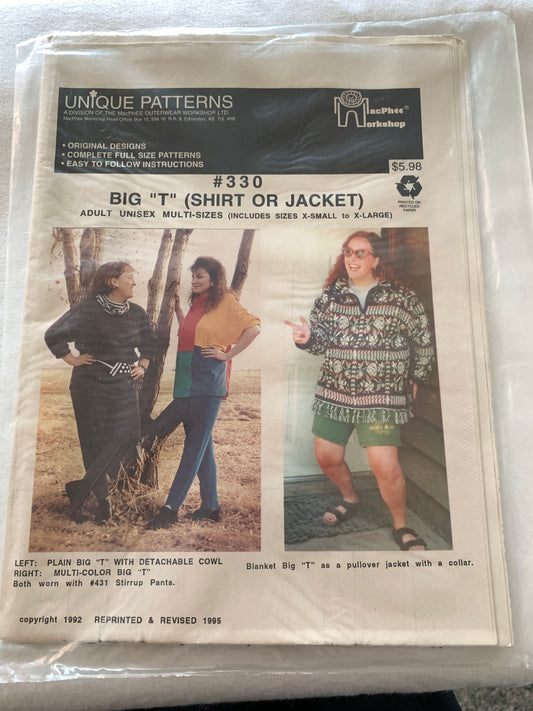 Unique Sewing Pattern 330 Adult Big T- Shirt, Macphee Workshop, Loose-Fitting, Pullover, Long Sleeves, size 32-46, Uncut, Vintage 1995