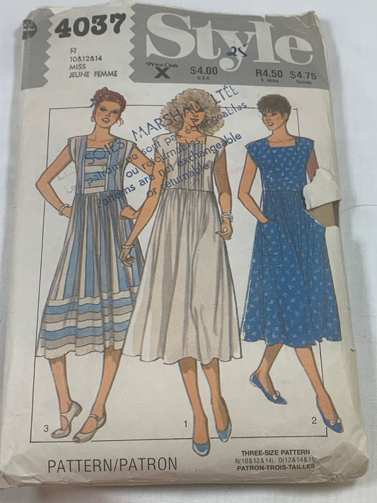 Style Sewing Pattern 4037 Misses' Dress,Square Neck, Sleeveless, Loose-Fitting, Pockets, Dirndl Skirt, Size 10-14, Cut, Vintage 1983
