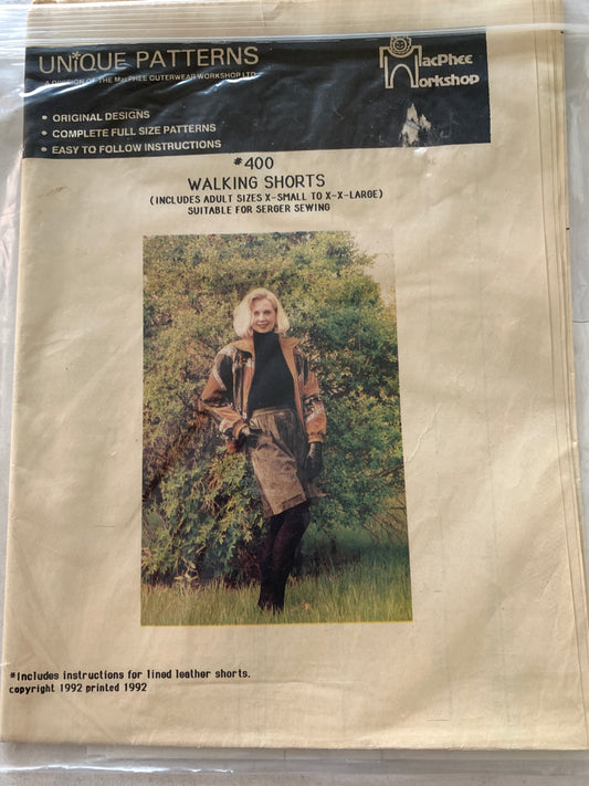 Unique Sewing Pattern 400 Walking Shorts, Macphee Workshop, Fitted, Pockets, Size XS-XXL, Uncut, Vintage 1992