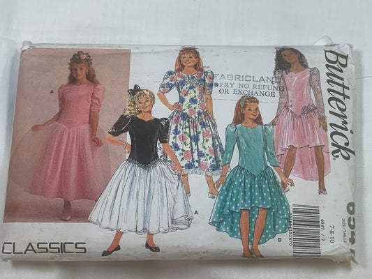 Butterick Sewing Pattern 6547 Girls' Dress, 4 Variations, Zipper Back, Full Skirt, Size 7-10, Cut, Vintage 1992