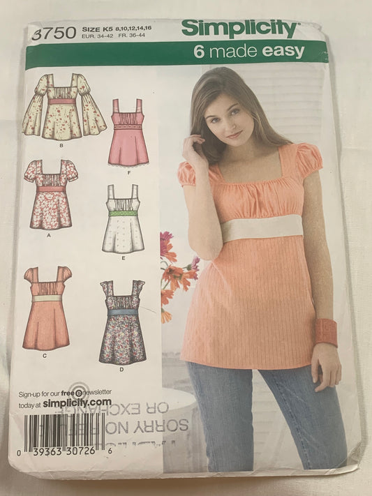 Simplicity Sewing Pattern 3750 Misses' Tunic, Top, Pullover, Long/Short Sleeves, Tie Back, Size 8-16, Cut, 2007