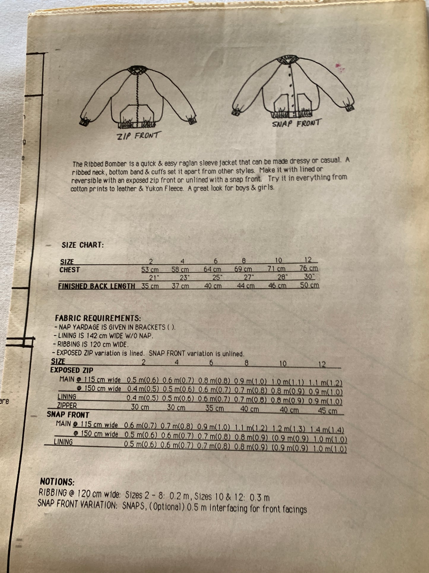 Unique Sewing Patterns 261 Youth Ribbed Bomber Jacket, Long Sleeves, Pockets, Zipper Front, Size 2-12, Vintage 1992