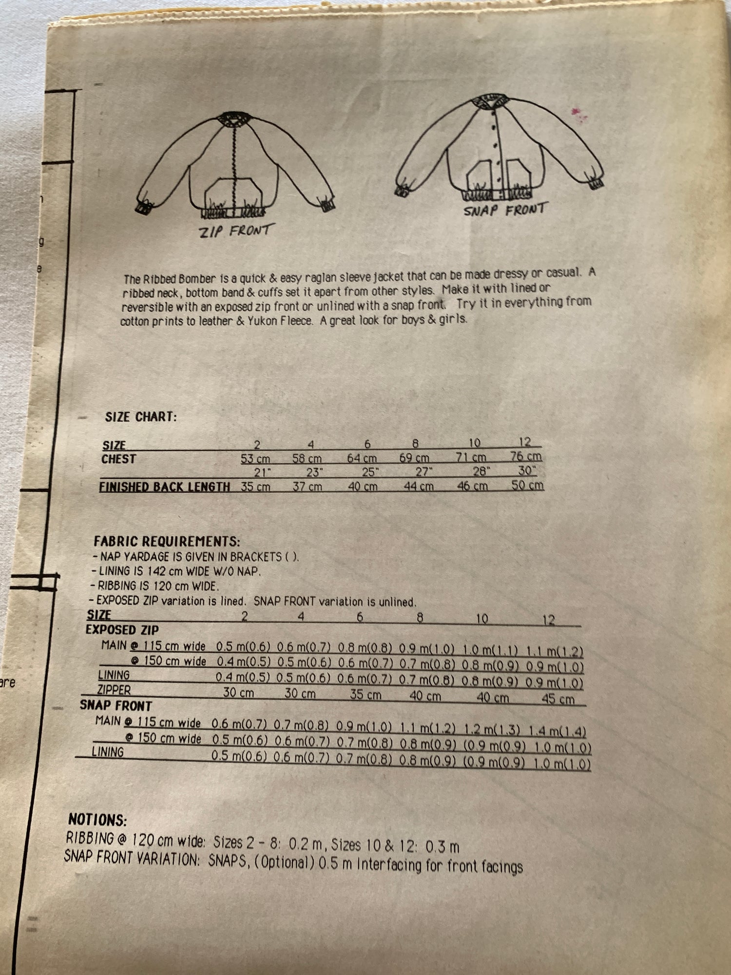 Unique Sewing Patterns 261 Youth Ribbed Bomber Jacket, Long Sleeves, Pockets, Zipper Front, Size 2-12, Vintage 1992