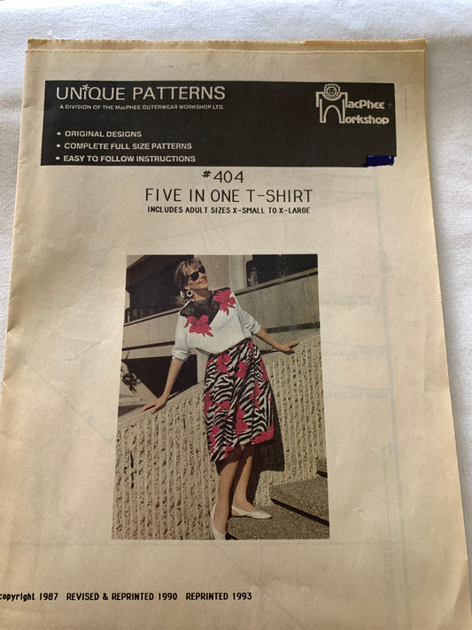 Unique Sewing Pattern 404 Misses' Five In One T- Shirt, Macphee Workshop, Loose-Fitting, Pullover, Long Sleeves, Size 32-44, Uncut, Vintage 1993