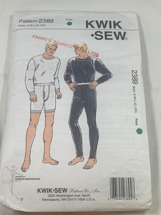 Kwik Sewing Pattern 2389 Men's Underwear, Long Sleeves, Pants, Shorts, Fly Opening, Elastic Waist, Size 34-44, Cut, Vintage 1994