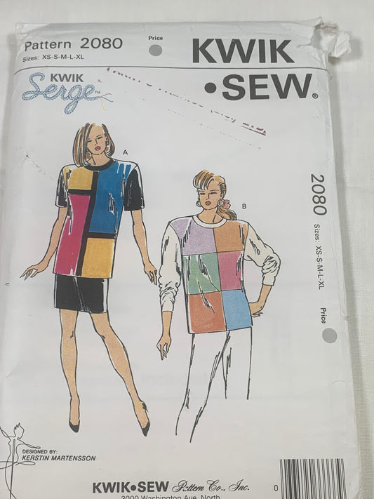 KWIK Sewing Pattern 2080 Misses' Skirt, Top, Long/Short Sleeves, Pocket, Pullover, Elastic Waist, Size XS-XL, Uncut, Vintage 1994