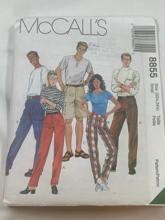 McCall's Sewing Pattern 8855 Misses'/Men's Pants. Shorts, Fly Zipper, Pockets, Elastic Waist, Size 33 1/2-34 1/2, Cut, Vintage 1997