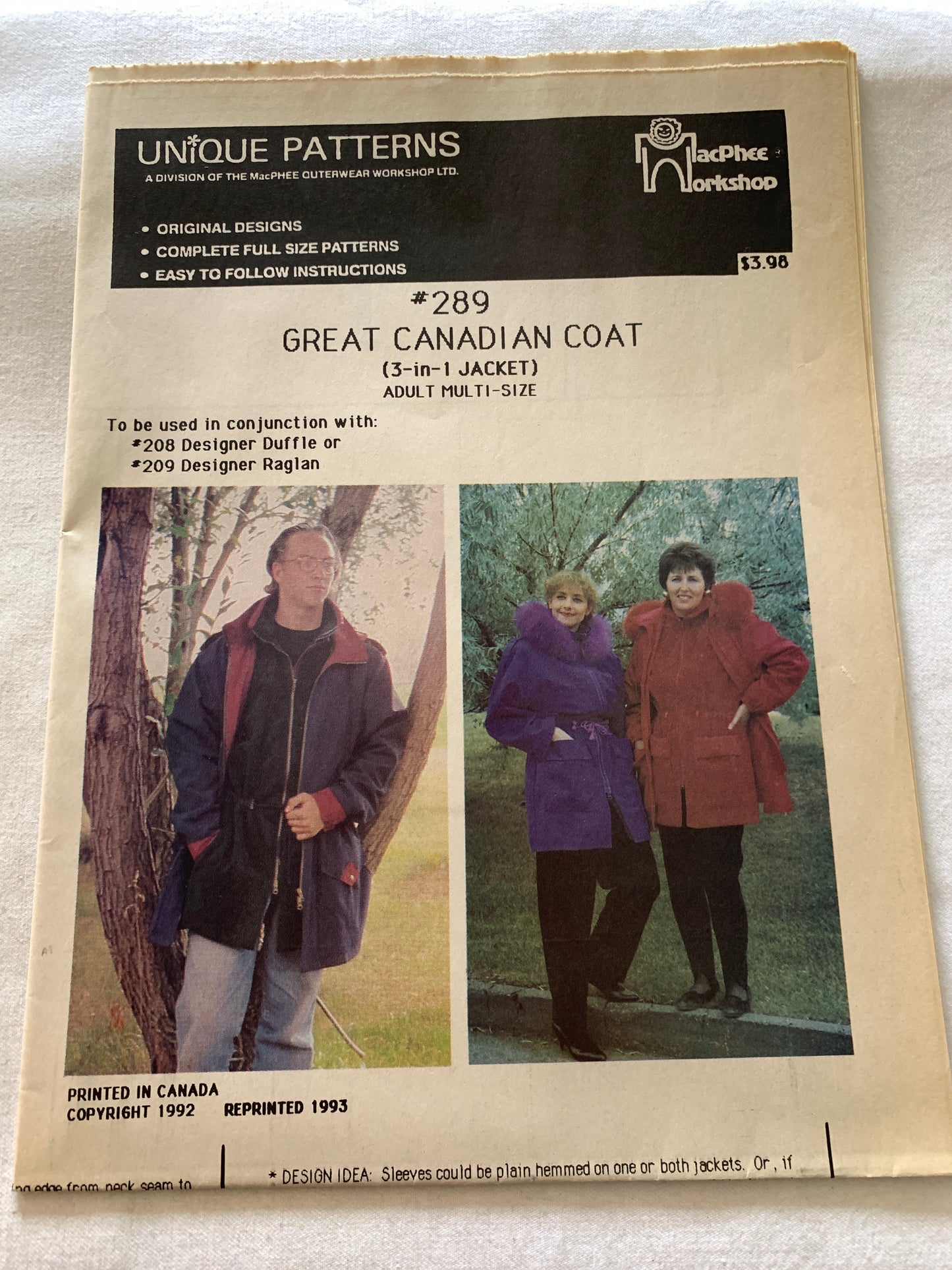 Unique Sewing Patterns 444, The Canadian Coat, Adult, 3 In One Jacket, Multi-Sized, MacPhee Workshop, Size 32-46, Uncut, 1993