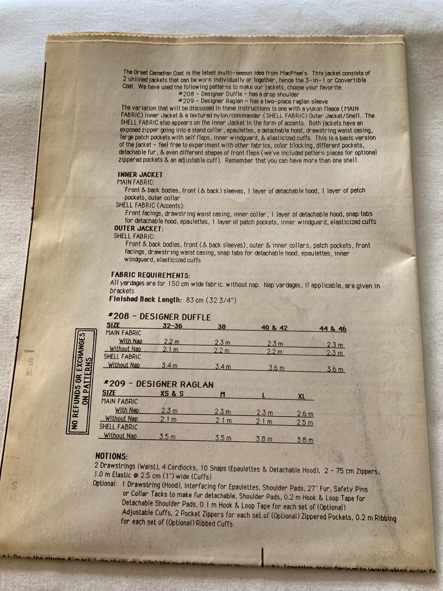 Unique Sewing Patterns 444, The Canadian Coat, Adult, 3 In One Jacket, Multi-Sized, MacPhee Workshop, Size 32-46, Uncut, 1993