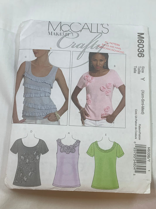 McCall's Sewing Pattern M6036 Misses' Tops, Stretch Knits Only, Pullover, Short Sleeves, Close-Fitting, 5 Variations, Size 4-14, Cut, 2010