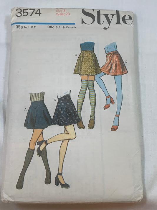 Style Sewing Pattern 3574 Misses' Micro Skirt,4 Variations, Side Zipper, Panels, Waistband, Size 8, Cut, Vintage 1972