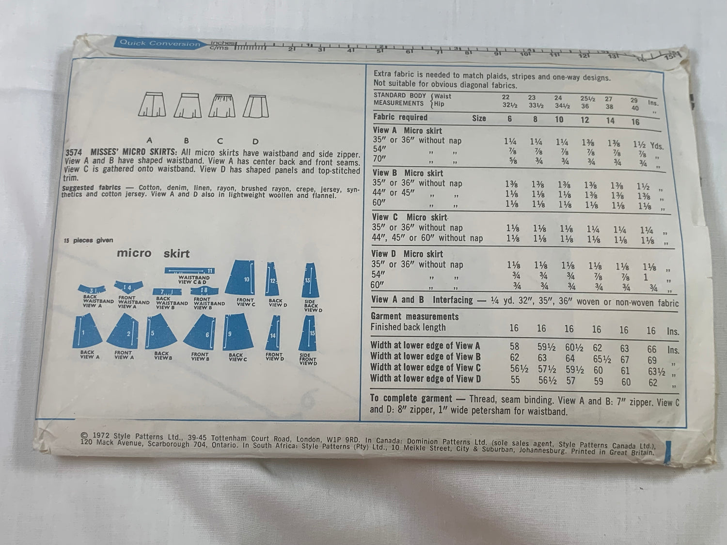 Style Sewing Pattern 3574 Misses' Micro Skirt,4 Variations, Side Zipper, Panels, Waistband, Size 8, Cut, Vintage 1972