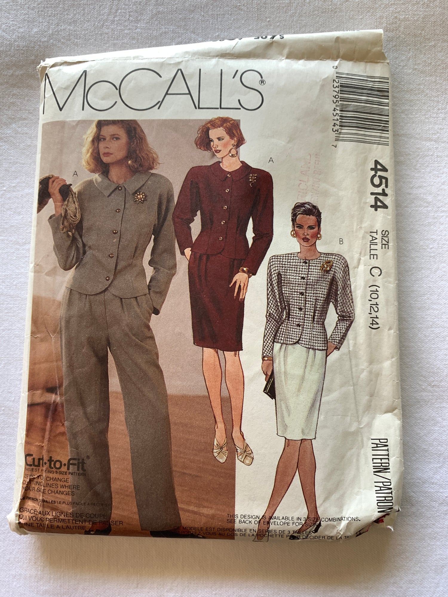McCall's Sewing Pattern 4512 Misses' Lined Jacket, Skirt, Pants, Button Front, Shoulder Pads, Size 10-14, Uncut, Vintage 1989