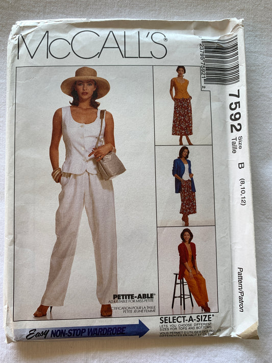 McCall's Sewing Pattern 7592 Misses' Unlined Jacket/Vest, Pull-On Pants/Skirt, Long/Short Sleeves, Pockets, Elastic Waist, Size 8-12, Uncut, Vintage 1995