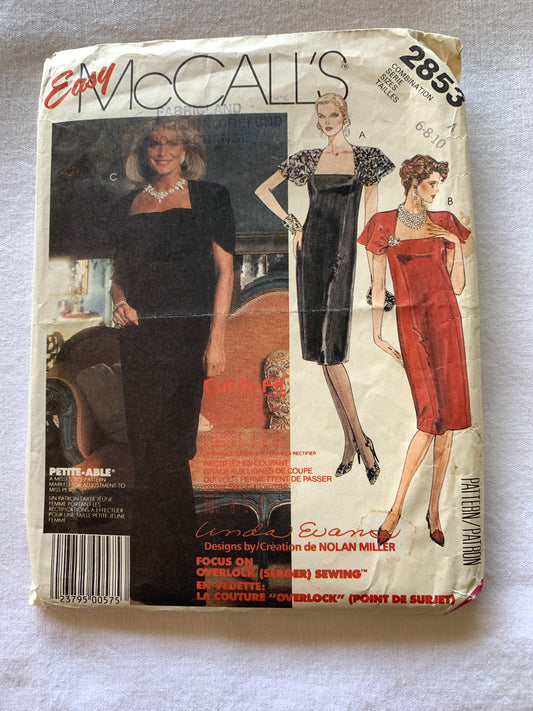 McCall's Sewing Pattern Linda Evans 2853 Misses' Dress, Tunic, Skirt, Zipper Back, Short Sleeves, Size 6-10, Uncut, Vintage 1986