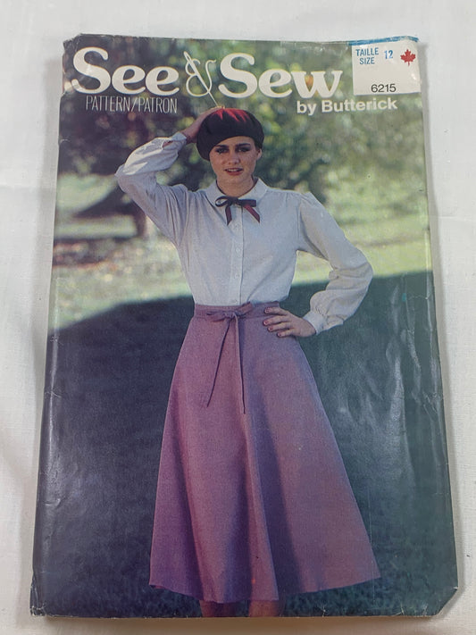 Butterick Sewing Pattern See & Sew 6215 Misses' Skirt, Flared, Zipper Back, Tie Belt, Size 12-24, Cut, Vintage 1989